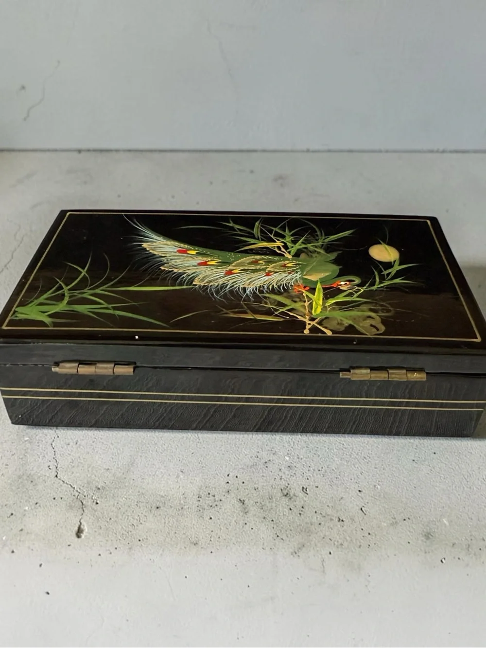 Japanese Hand Painted Bird Black Lacquered Jewelry Trinket Box Dresser Vanity